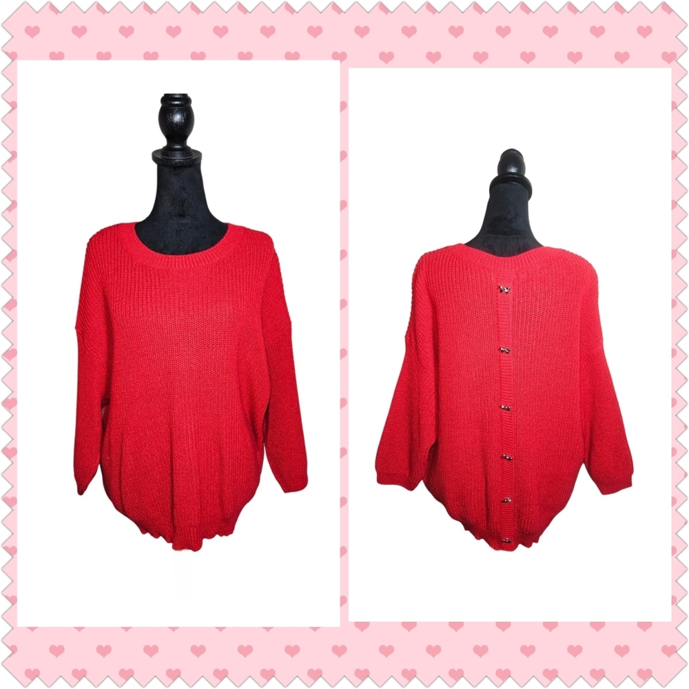 Poppy & Whimsy Red Silver Bow Slouchy Knit Sweater Size 1XL
